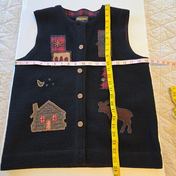 Vintage Woolrich Vest Women's M Black Boiled Wool Applique Moose Cabin Rustic - Picture 9 of 11